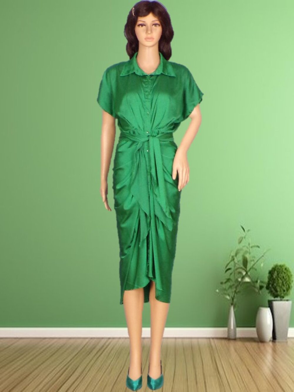 DO + BE size S emerald-green satin short-sleeve midi sheath dress poly/span